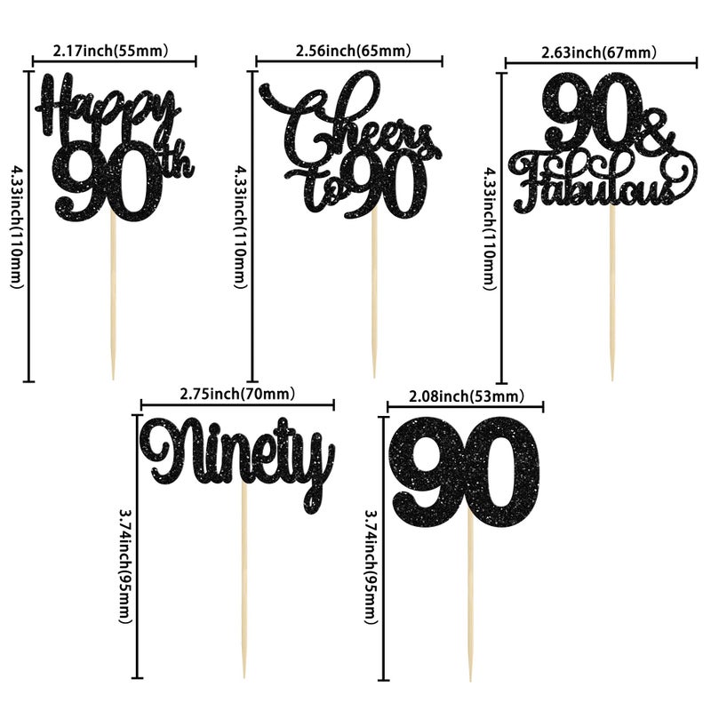 Ephlyn 30 Pack Happy 90th Birthday Cupcake Toppers Black Glitter Ninety Cheers to 90 Years Old Birthday Cupcake Picks for Happy 90th Birthday Anniversary Party Cake Decorations - Image 2