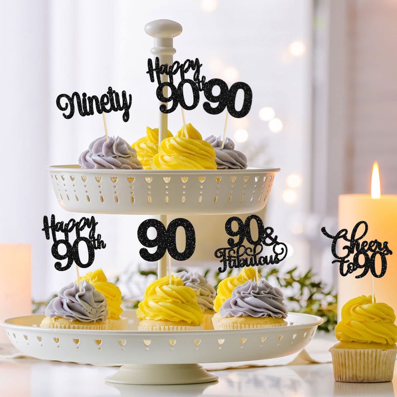 Ephlyn 30 Pack Happy 90th Birthday Cupcake Toppers Black Glitter Ninety Cheers to 90 Years Old Birthday Cupcake Picks for Happy 90th Birthday Anniversary Party Cake Decorations - Image 5