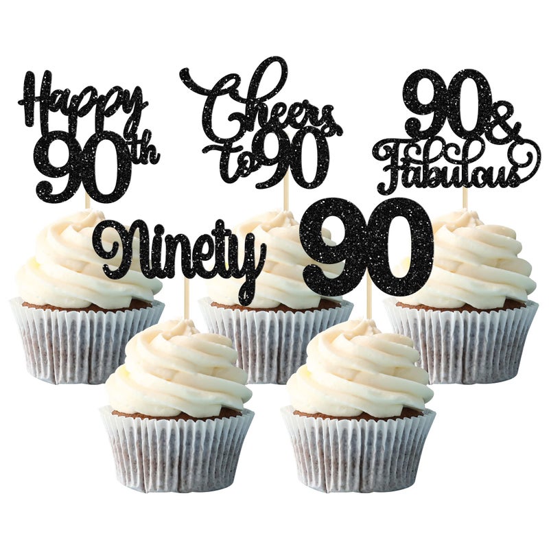 Ephlyn 30 Pack Happy 90th Birthday Cupcake Toppers Black Glitter Ninety Cheers to 90 Years Old Birthday Cupcake Picks for Happy 90th Birthday Anniversary Party Cake Decorations - Image 1