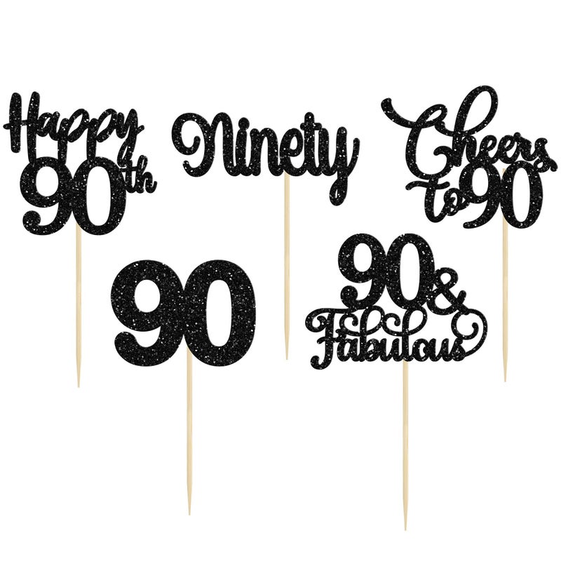 Ephlyn 30 Pack Happy 90th Birthday Cupcake Toppers Black Glitter Ninety Cheers to 90 Years Old Birthday Cupcake Picks for Happy 90th Birthday Anniversary Party Cake Decorations - Image 3