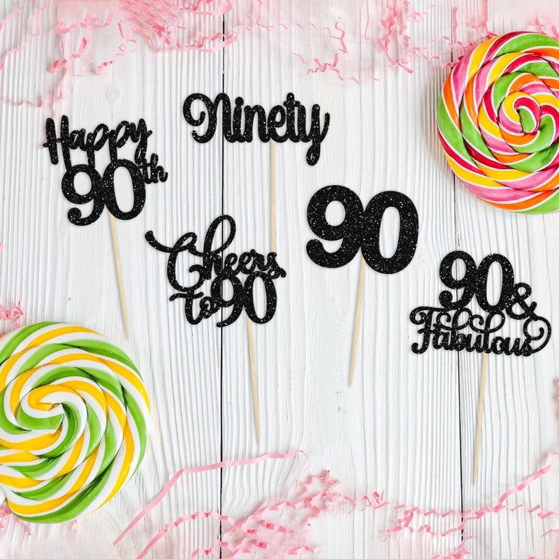 Ephlyn 30 Pack Happy 90th Birthday Cupcake Toppers Black Glitter Ninety Cheers to 90 Years Old Birthday Cupcake Picks for Happy 90th Birthday Anniversary Party Cake Decorations - Image 4