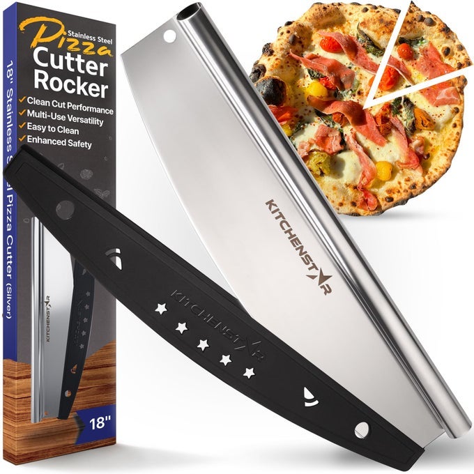 18INCH PIZZA CUTTER ROCKER BLADE SHARP STAINLESS STEEL SLICER KNIFE PROTECTIVE COVER DISHWASHER SAFE EXTRA LARGE COMMERCIAL PIZZA OVEN ACCESSORIES