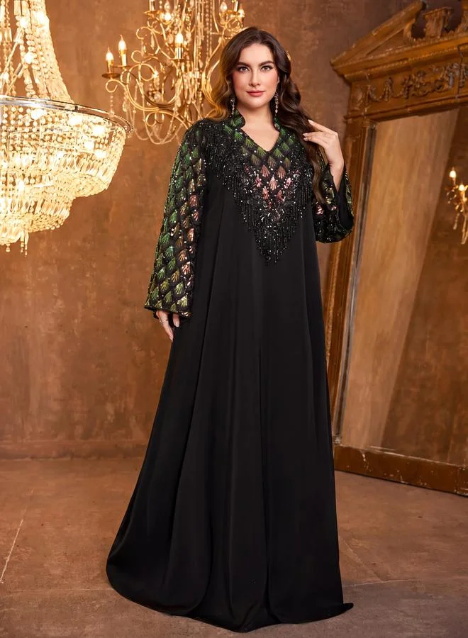 Supgir Plus Size Black Beaded Embellished Maxi Kaftan