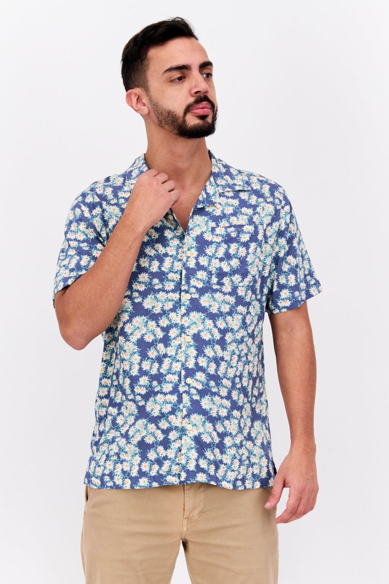 Jachs New York Men Regular Fit Floral Print  Short Sleeve Casual Shirt, Blue - Image 1
