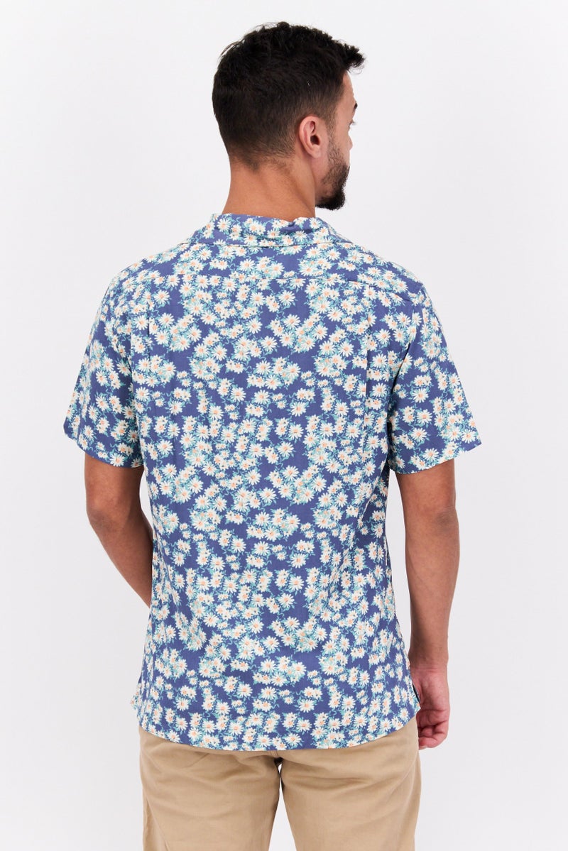 Jachs New York Men Regular Fit Floral Print  Short Sleeve Casual Shirt, Blue - Image 3