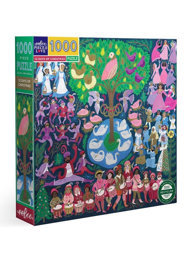 eeboo Piece & Love: 12 Days of Christmas - 1000 Piece Puzzle - Square Adult Holiday Jigsaw, 23x23, Includes Image Insert, Pieces - Image 1