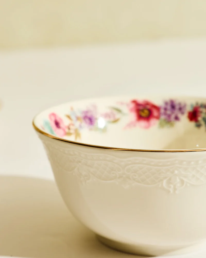 REDTAG White Embossed Salad Bowl With Gold Rim