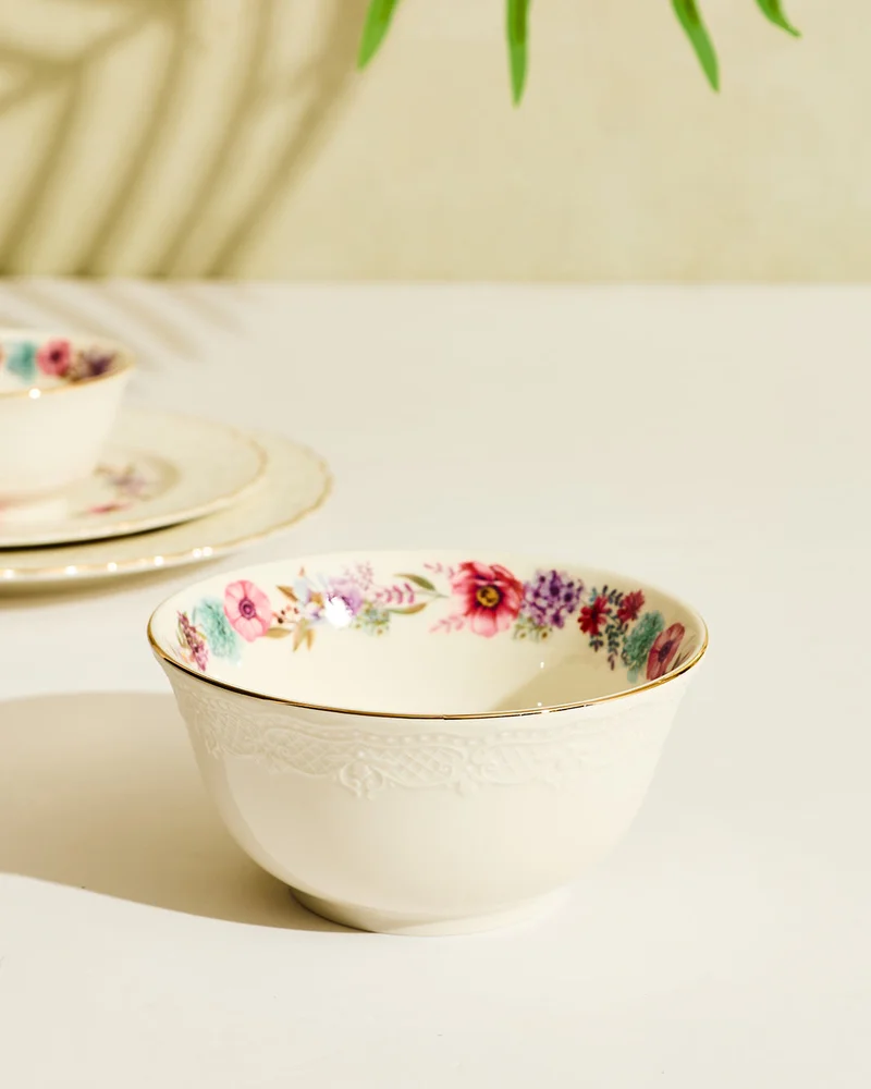 REDTAG White Embossed Salad Bowl With Gold Rim