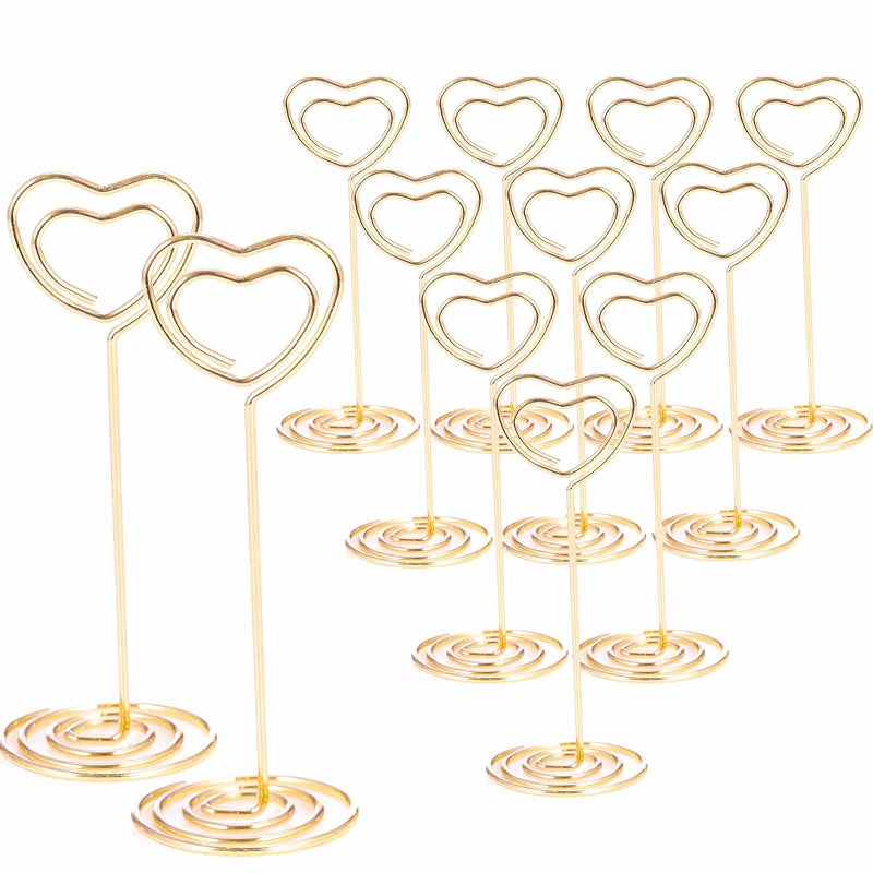 BuRuiJi 12pcs Gold HeartShaped Table Number Holders  335 Inch Place Card Stands for Centerpieces Wedding Party Birthday  Photo Picture Holders 