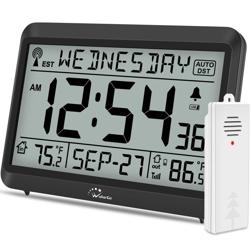 WallarGe WallarGe Atomic Clock with Indoor Outdoor Temperature SelfSetting Digital Wall Clock Battery Operated 4 Time Zones DST 