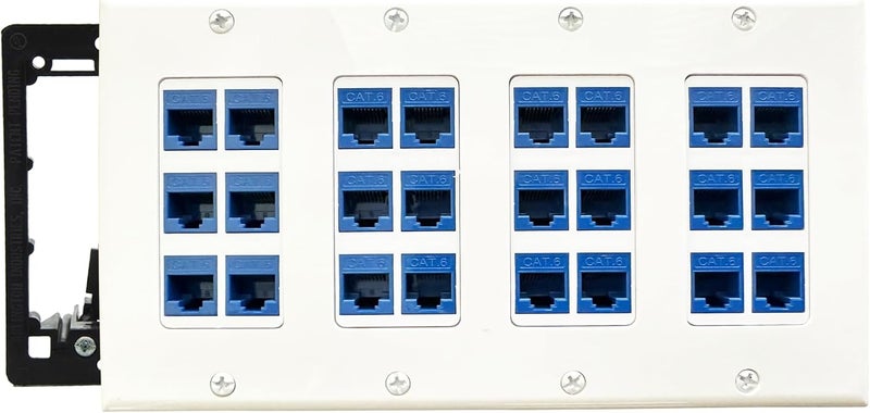 DIYTECH 24 Port Ethernet Wall Plate, Cat 6, 4 Gang, RJ45 Female to Female Keystone Jacks - White - Image 1