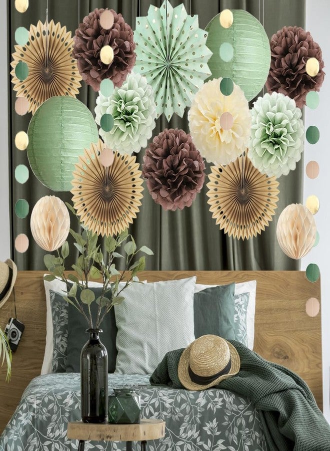 FETETIJD Sage Green and Brown Party Decorations Baby Shower Decorations Sage Green Beige Brown Tissue Paper Pom Poms Lanterns for Sage Green and Brown Birthday Bridal Shower Wedding Room Decor - Image 4