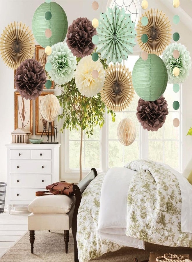 FETETIJD Sage Green and Brown Party Decorations Baby Shower Decorations Sage Green Beige Brown Tissue Paper Pom Poms Lanterns for Sage Green and Brown Birthday Bridal Shower Wedding Room Decor - Image 5