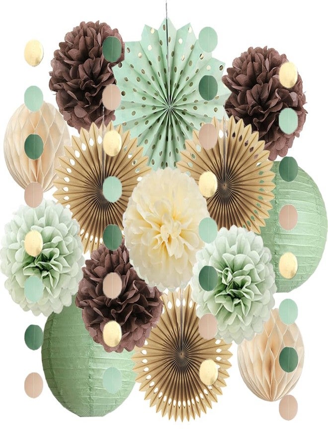 FETETIJD Sage Green and Brown Party Decorations Baby Shower Decorations Sage Green Beige Brown Tissue Paper Pom Poms Lanterns for Sage Green and Brown Birthday Bridal Shower Wedding Room Decor - Image 1