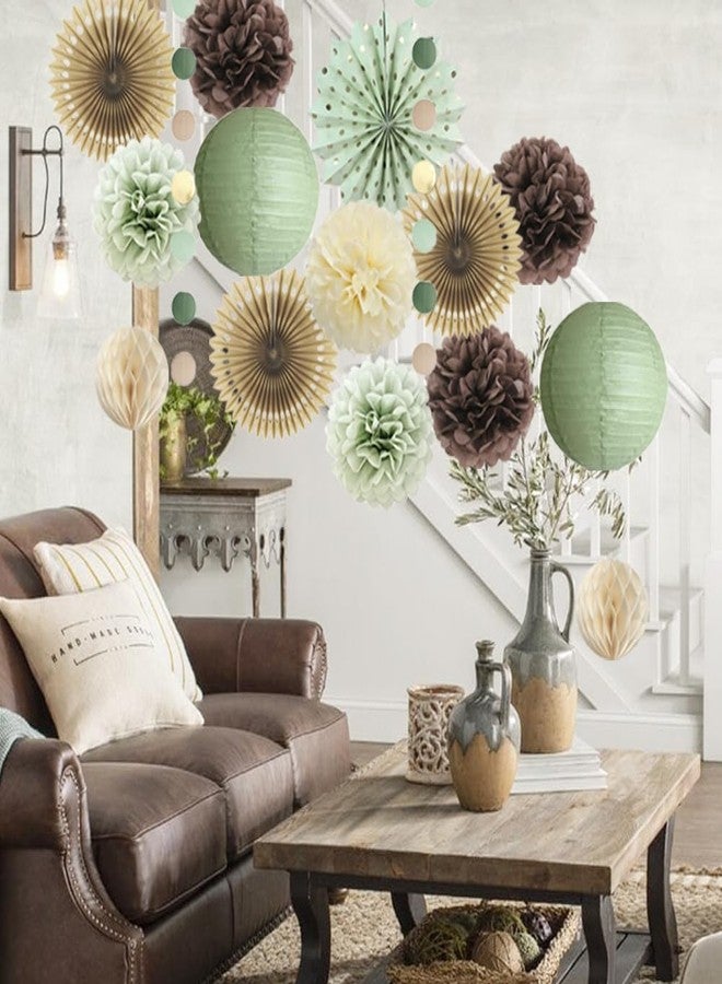FETETIJD Sage Green and Brown Party Decorations Baby Shower Decorations Sage Green Beige Brown Tissue Paper Pom Poms Lanterns for Sage Green and Brown Birthday Bridal Shower Wedding Room Decor - Image 3