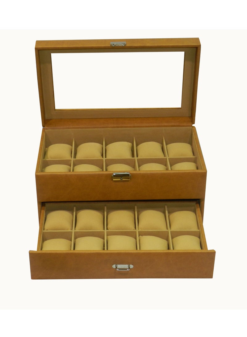 LAVERI LEATHER صندوق ساعات لافيري للرجال والنساء (20 فتحة) ، صندوق عرض ساعات من جلد PU الفاخر مع غطاء زجاجي كريستالي ، وسادة قابلة للإزالة - Image 1