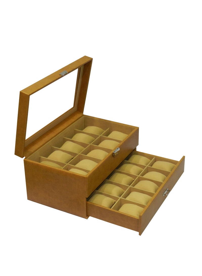 LAVERI LEATHER صندوق ساعات لافيري للرجال والنساء (20 فتحة) ، صندوق عرض ساعات من جلد PU الفاخر مع غطاء زجاجي كريستالي ، وسادة قابلة للإزالة - Image 2