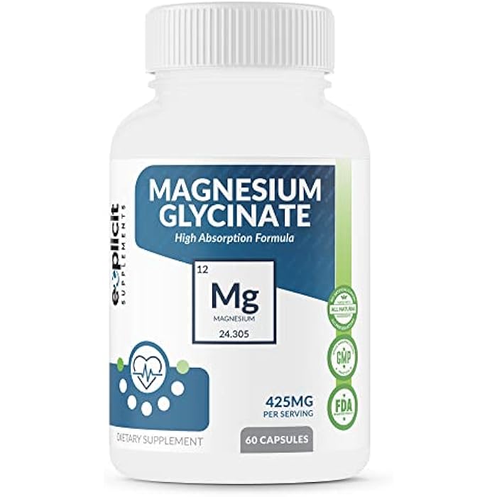 eXplicit Supplements Pure Magnesium Glycinate 425mg, 100% Chelated, 60 Capsules – Made in USA – 1 Month - Image 1