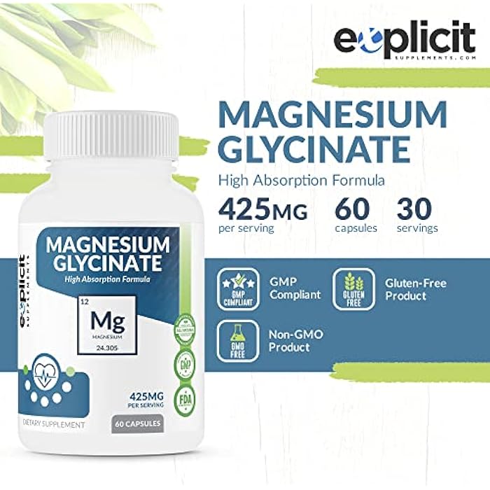 eXplicit Supplements Pure Magnesium Glycinate 425mg, 100% Chelated, 60 Capsules – Made in USA – 1 Month - Image 5