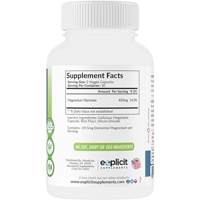 eXplicit Supplements Pure Magnesium Glycinate 425mg, 100% Chelated, 60 Capsules – Made in USA – 1 Month - Image 4