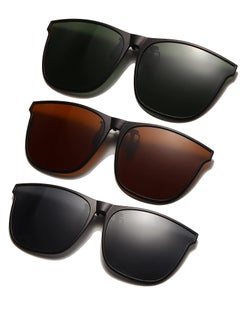 3-Piece Clip-On Polarized Sunglasses Set for Men and Women - Lightweight Flip-Up Accessories for Driving, Outdoor Activities, and Fishing (Dark Green, Brown, Dark Grey)