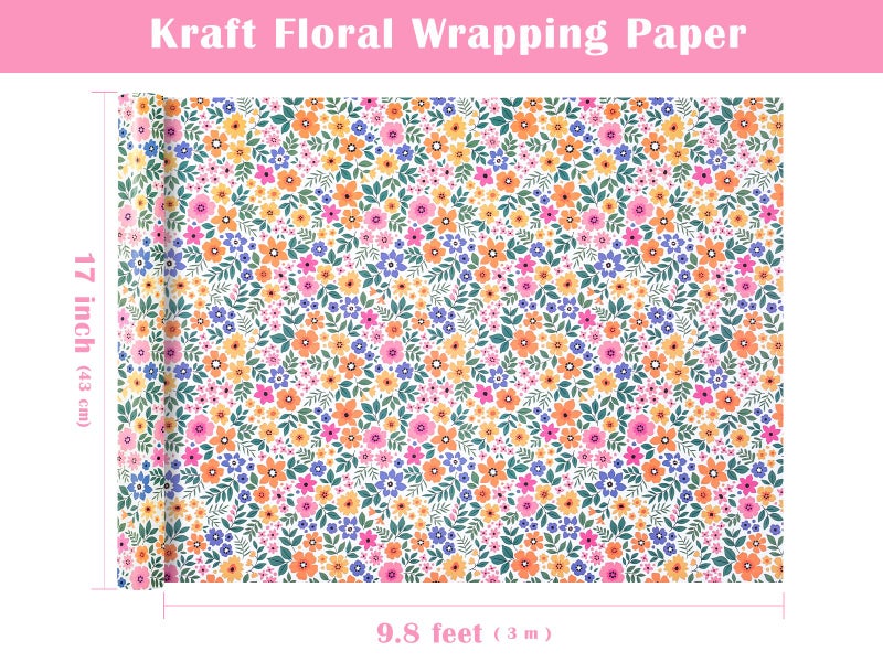 WRAPAHOLIC Kraft Floral Wrapping Paper Roll - Mini Roll - 17 Inch x 9.8 Feet - Ditsy Flower Wrapping Paper, Perfect for Wedding, Birthday, Bridal Shower, Tea Party - Image 3