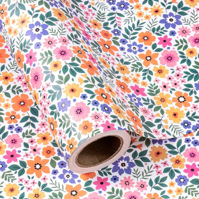 WRAPAHOLIC Kraft Floral Wrapping Paper Roll - Mini Roll - 17 Inch x 9.8 Feet - Ditsy Flower Wrapping Paper, Perfect for Wedding, Birthday, Bridal Shower, Tea Party - Image 1