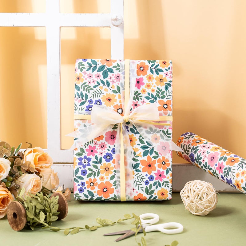 WRAPAHOLIC Kraft Floral Wrapping Paper Roll - Mini Roll - 17 Inch x 9.8 Feet - Ditsy Flower Wrapping Paper, Perfect for Wedding, Birthday, Bridal Shower, Tea Party - Image 5
