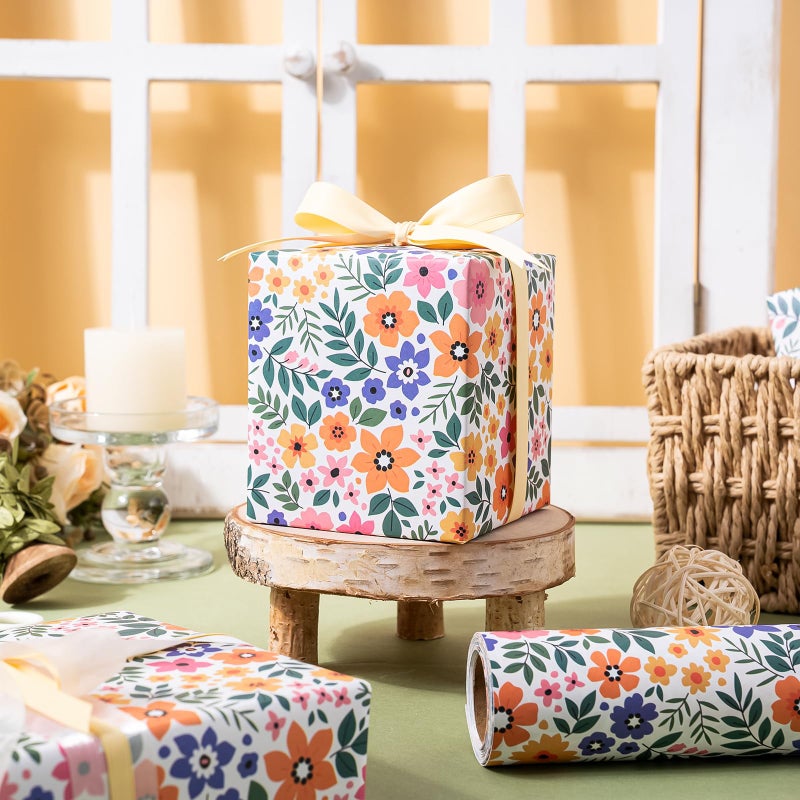 WRAPAHOLIC Kraft Floral Wrapping Paper Roll - Mini Roll - 17 Inch x 9.8 Feet - Ditsy Flower Wrapping Paper, Perfect for Wedding, Birthday, Bridal Shower, Tea Party - Image 4