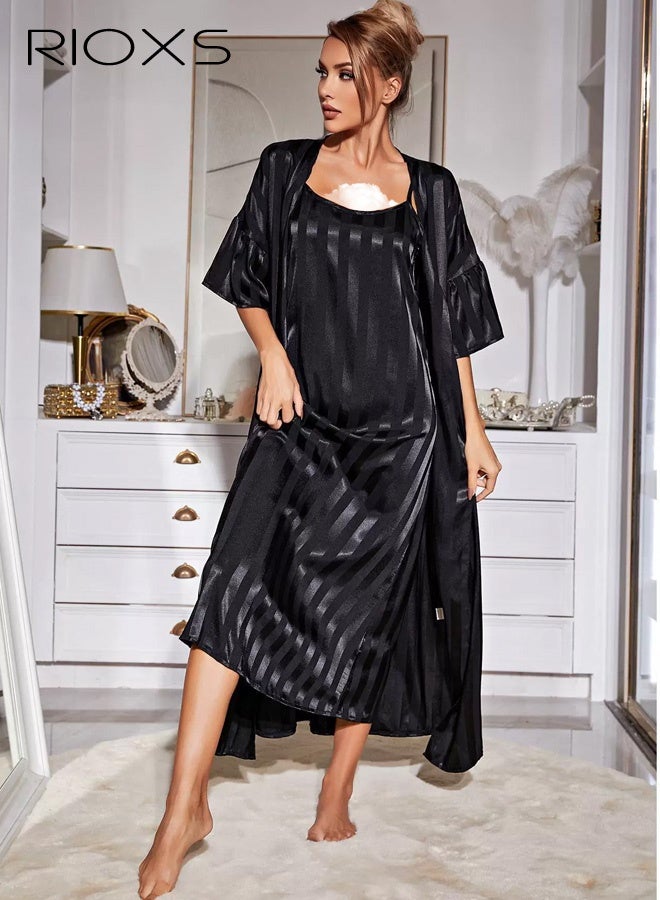 RIOXS Women's 2-Piece Silk-Like Pajama Set, Lightweight Satin Loungewear Nightgown, V-neck Dress with Adjustable Spaghetti Straps, and a Flowing Front-Opening Robe with Wide Batwing Sleeves for Honeymoons, Bridal Parties, Travel, Hotels, Vacations, and Beach Cover-ups, Black - Image 1