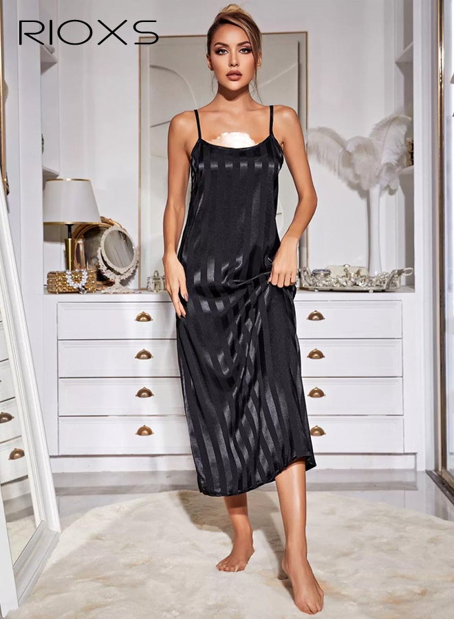 RIOXS Women's 2-Piece Silk-Like Pajama Set, Lightweight Satin Loungewear Nightgown, V-neck Dress with Adjustable Spaghetti Straps, and a Flowing Front-Opening Robe with Wide Batwing Sleeves for Honeymoons, Bridal Parties, Travel, Hotels, Vacations, and Beach Cover-ups, Black - Image 2