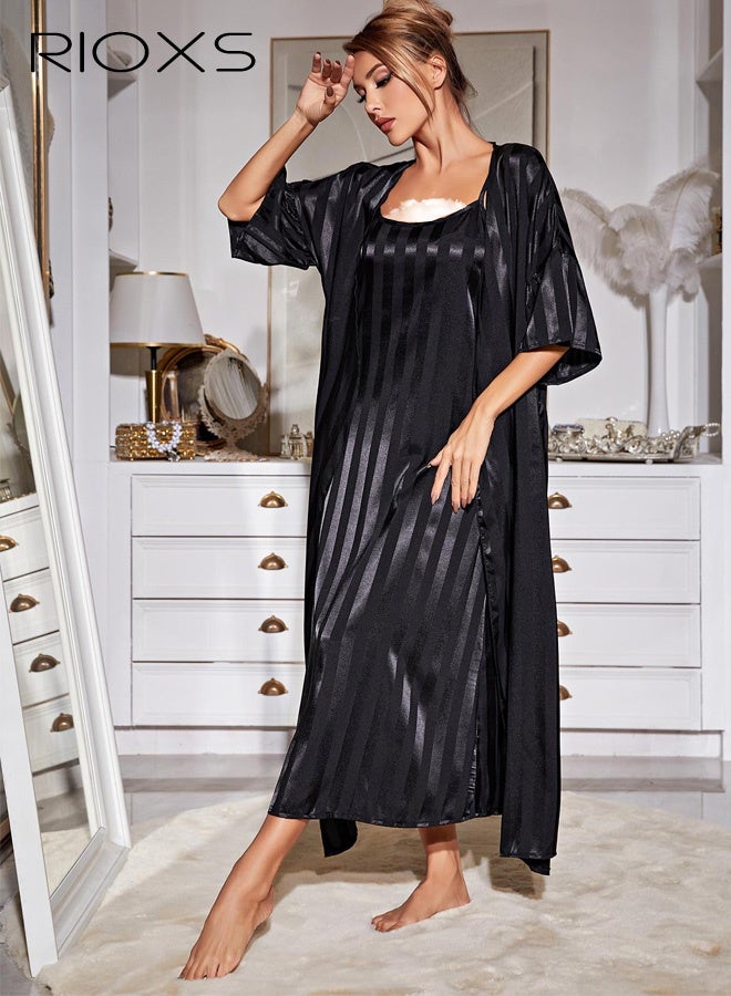 RIOXS Women's 2-Piece Silk-Like Pajama Set, Lightweight Satin Loungewear Nightgown, V-neck Dress with Adjustable Spaghetti Straps, and a Flowing Front-Opening Robe with Wide Batwing Sleeves for Honeymoons, Bridal Parties, Travel, Hotels, Vacations, and Beach Cover-ups, Black - Image 4