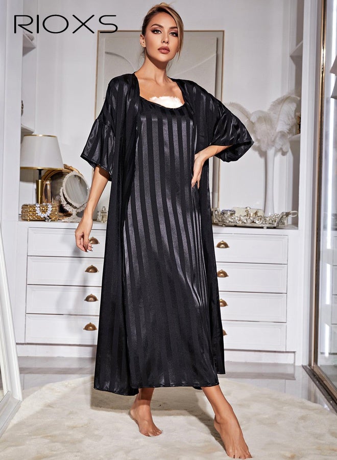 RIOXS Women's 2-Piece Silk-Like Pajama Set, Lightweight Satin Loungewear Nightgown, V-neck Dress with Adjustable Spaghetti Straps, and a Flowing Front-Opening Robe with Wide Batwing Sleeves for Honeymoons, Bridal Parties, Travel, Hotels, Vacations, and Beach Cover-ups, Black - Image 3