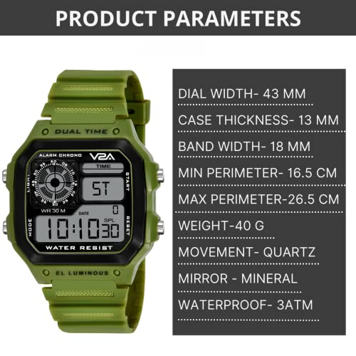 V2A Resin Digital Men Watch (Black Dial Green Colored Strap), Green Band - Image 5