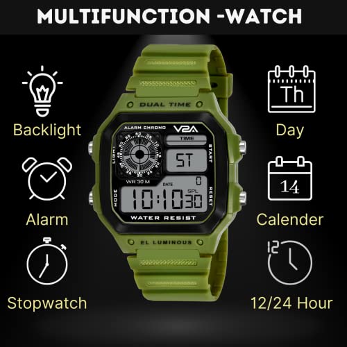 V2A Resin Digital Men Watch (Black Dial Green Colored Strap), Green Band - Image 4