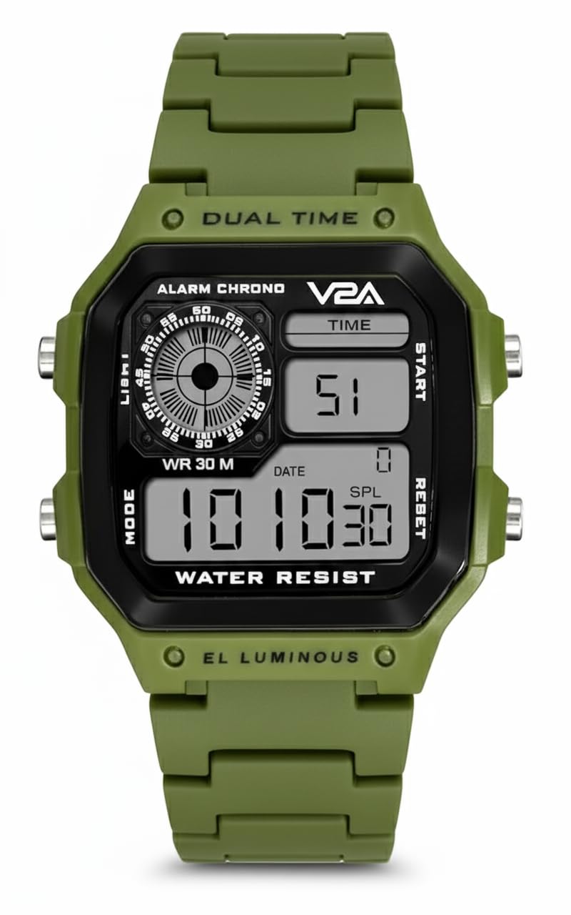 V2A Resin Digital Men Watch (Black Dial Green Colored Strap), Green Band - Image 1