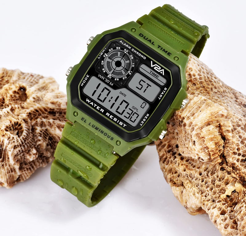 V2A Resin Digital Men Watch (Black Dial Green Colored Strap), Green Band - Image 3