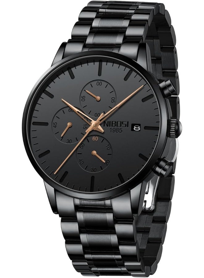 NIBOSI Men's Watches Analog Minimalist Black Dial Watches for Men Business Chronograph Military Casual Wrist Watches Stainless Steel Strap Date