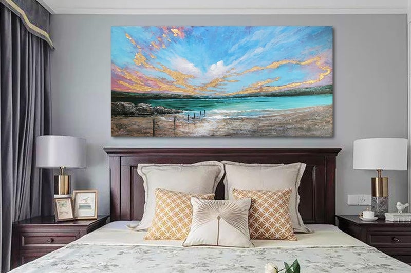 Arjun Ocean Teal Wall Art Canvas Coastal Beach Painting Blue Turquoise Landscape Sunset Picture - Image 4