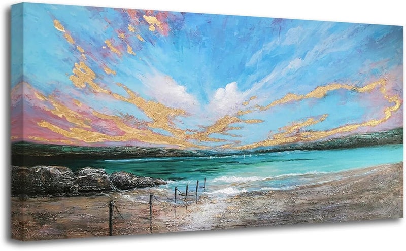 Arjun Ocean Teal Wall Art Canvas Coastal Beach Painting Blue Turquoise Landscape Sunset Picture - Image 2