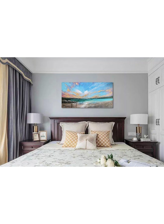 Arjun Ocean Teal Wall Art Canvas Coastal Beach Painting Blue Turquoise Landscape Sunset Picture - Image 3