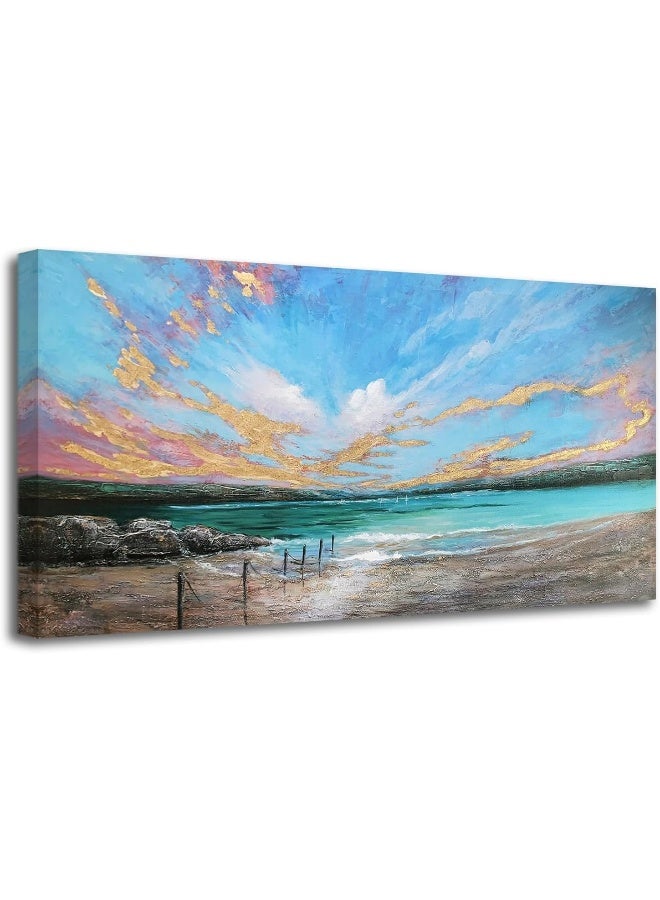 Arjun Ocean Teal Wall Art Canvas Coastal Beach Painting Blue Turquoise Landscape Sunset Picture - Image 1