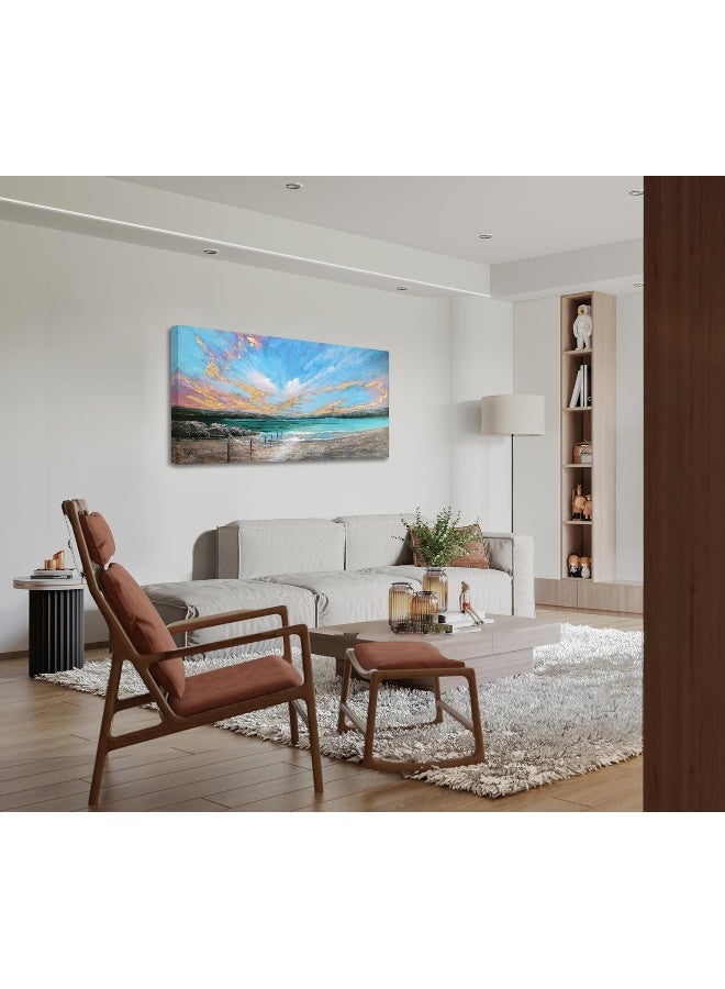 Arjun Ocean Teal Wall Art Canvas Coastal Beach Painting Blue Turquoise Landscape Sunset Picture - Image 5