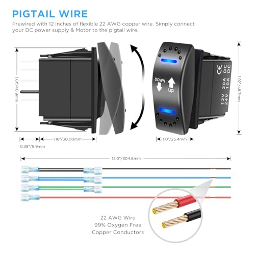 Recoil LAS2 DPDT 20A 12V DC Motor Polarity Reversing Momentary Rocker Switch with Pigtail Wire Actuator Up/Down Blue LED with Aluminum Plate Adaptor and Carling Switch Adaptor for New Polaris Cutout - Image 2