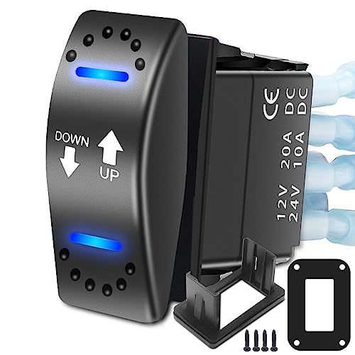 Recoil LAS2 DPDT 20A 12V DC Motor Polarity Reversing Momentary Rocker Switch with Pigtail Wire Actuator Up/Down Blue LED with Aluminum Plate Adaptor and Carling Switch Adaptor for New Polaris Cutout - Image 1