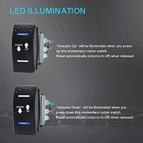 Recoil LAS2 DPDT 20A 12V DC Motor Polarity Reversing Momentary Rocker Switch with Pigtail Wire Actuator Up/Down Blue LED with Aluminum Plate Adaptor and Carling Switch Adaptor for New Polaris Cutout - Image 5