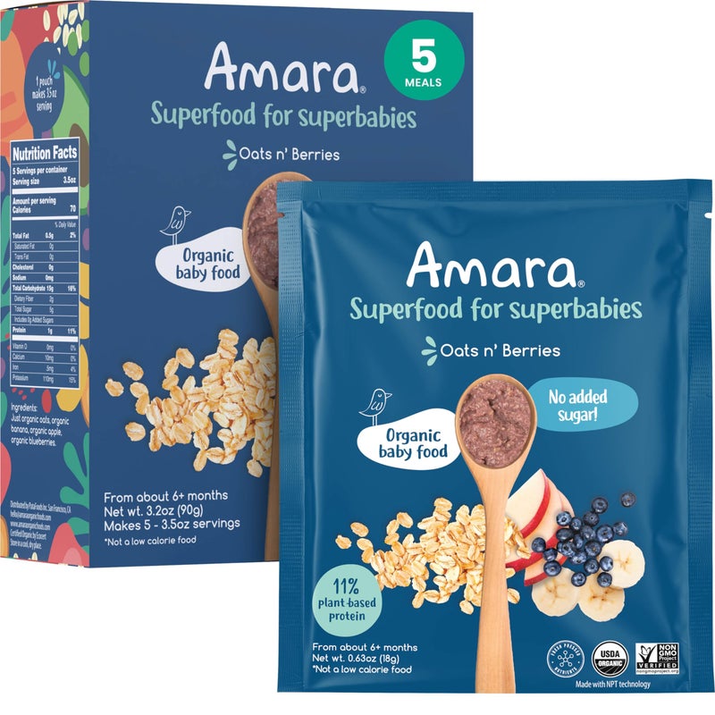 Amara Organic Baby Food - Stage 2 - Oats & Berries - Baby Cereal to Mix With Breastmilk & Water - Shelf Stable Baby Food Pouches Made from Organic Fruit and Veggies - 5 Pouches, 3.5oz Per Serving - Image 1