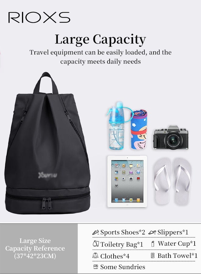 RIOXS Sports Gym Bag, Waterproof Swimming Backpack With Shoe Compartment & Wet Pocket, Fitness Bag Travel Storage Bag, Portable Duffel Bag, Yoga Bag, Lightweight Packable Backpack, Black Bags For Women And Men-37x42x23cm Bag - Image 3