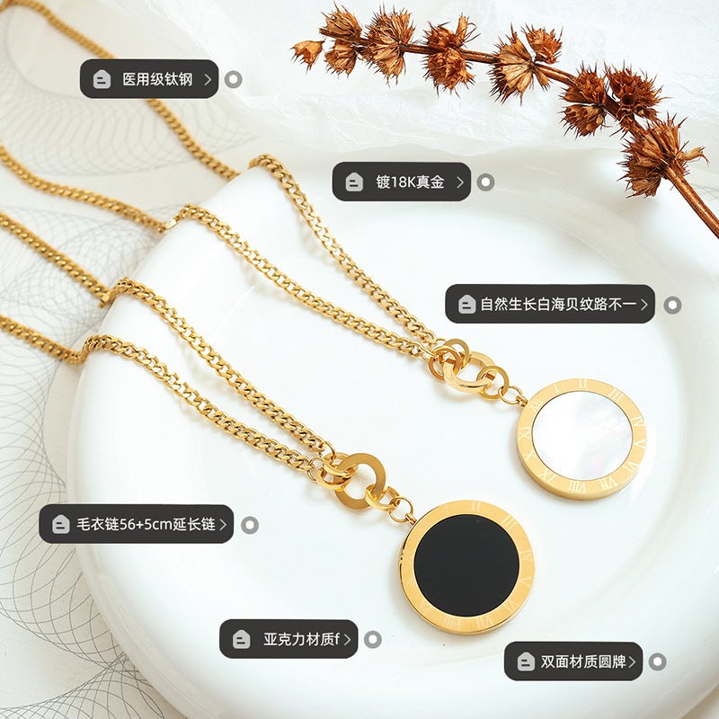 High Collar Long Fashion Versatile Roman Black And White Double-Sided Pendant Sweater Chain Jewelry M004 - Image 3