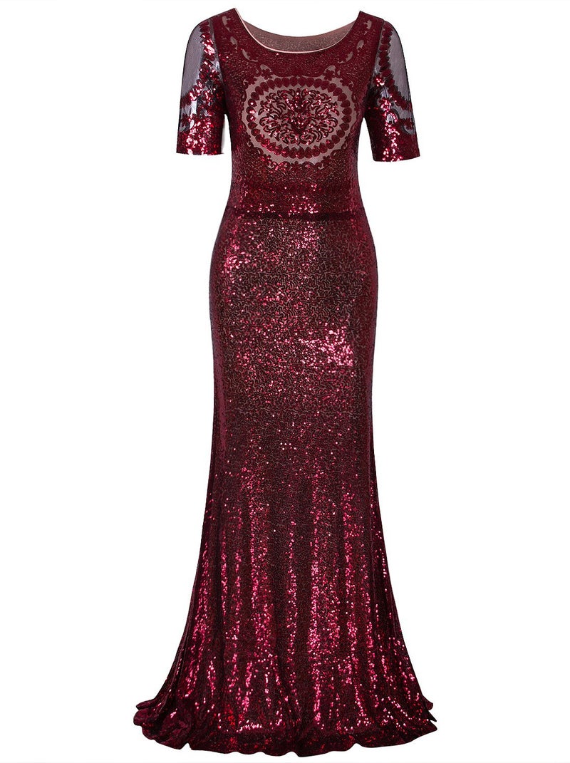 Vijiv Women Vintage 1920s Long Bridesmaid Dresses with Sleeves Sequin Beaded Formal Ball Gowns Red - Image 1
